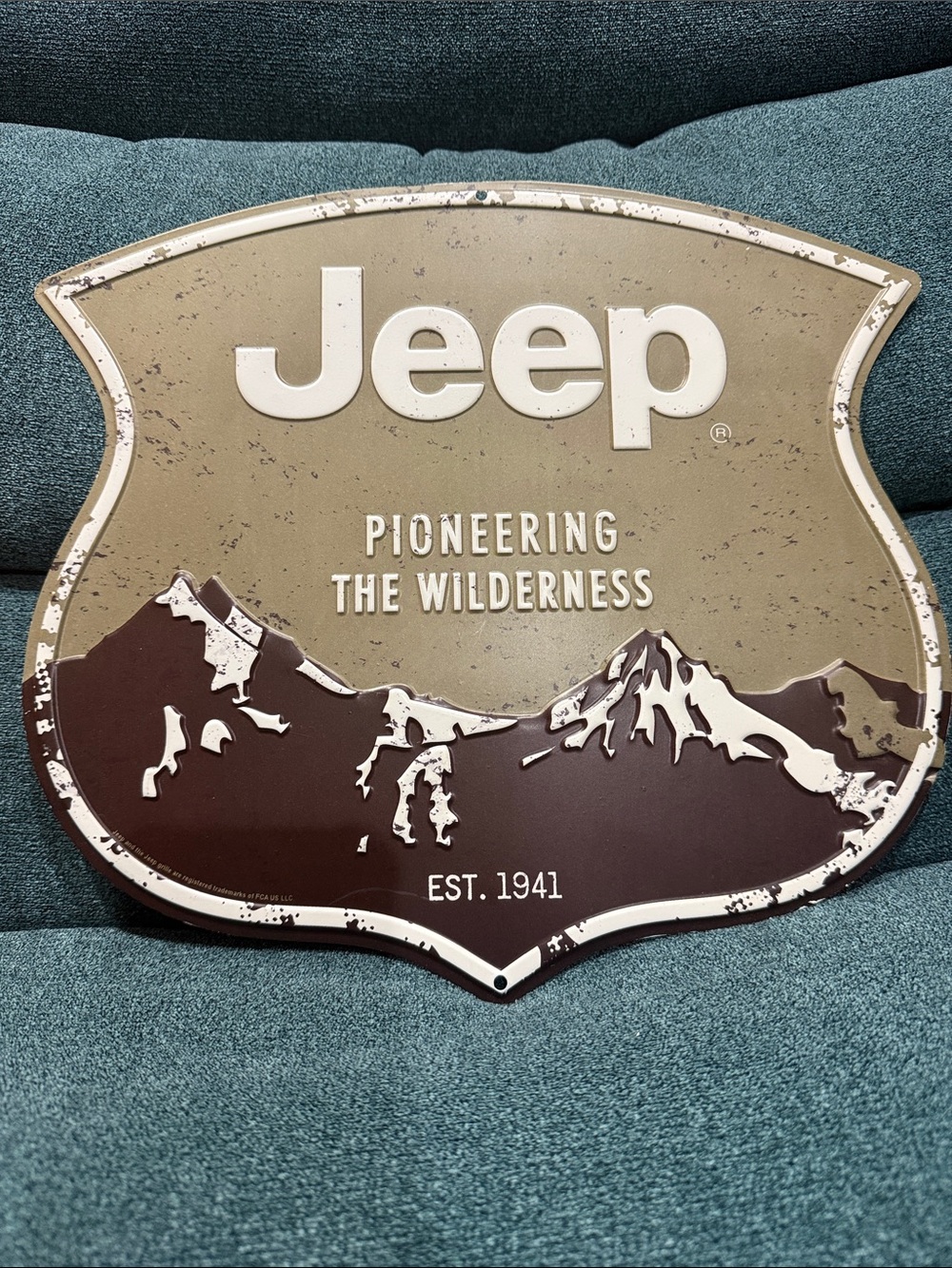 Jeep Embossed Metal Wall Sign  in Olive and Brown
